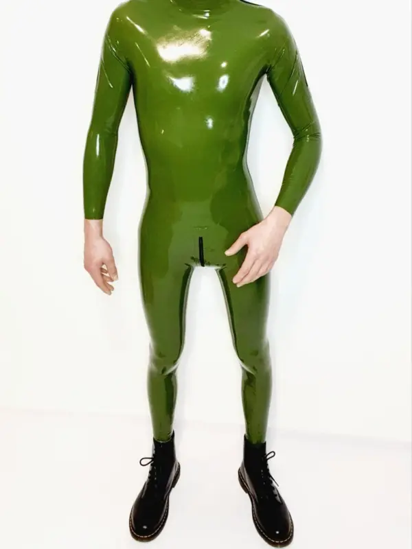 Seluny Green Latex Combination Catsuit for Men – Dual Zipper Entry with Crotch Access