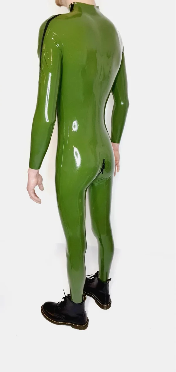 Seluny Green Latex Combination Catsuit for Men – Dual Zipper Entry with Crotch Access