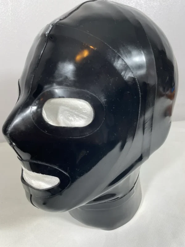 Classic Black Latex Gimp Hood with Open Eyes and Mouth + Optional Collar