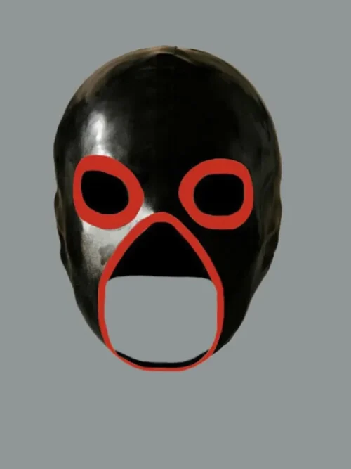 Black Latex Exterminator Hood – Highlighted Open Eyes and Trimmed Mouth Mask