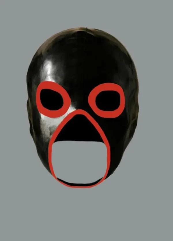 Black Latex Exterminator Hood – Highlighted Open Eyes and Trimmed Mouth Mask
