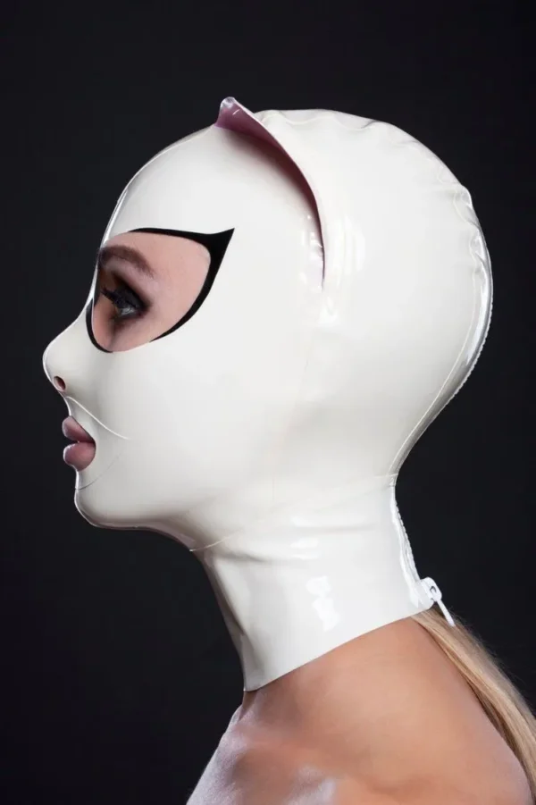 White Latex Cat Mask with Pink Ears and Black Eyelash Detail