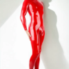 Flaming Red Latex Sleeveless Bodysuit with Black Racing Stripes and Full Zip Access