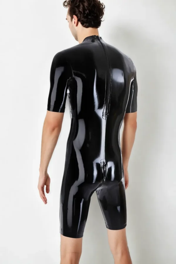 Sleek Latex Bodysuit with Dual Zippers and Short Sleeves