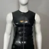 Latex Sleeveless Front-Zip T-Shirt – Glossy Black Crew Neck Design