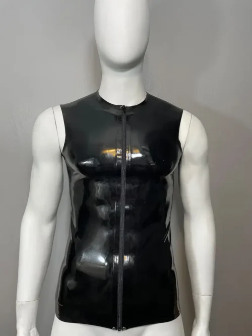 Latex Sleeveless Front-Zip T-Shirt – Glossy Black Crew Neck Design