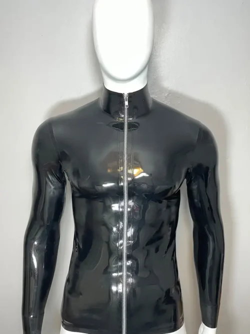 High-Neck Latex Zip-Up Long Sleeve Shirt – Sleek Fetish Style