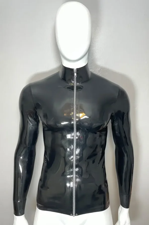 High-Neck Latex Zip-Up Long Sleeve Shirt – Sleek Fetish Style