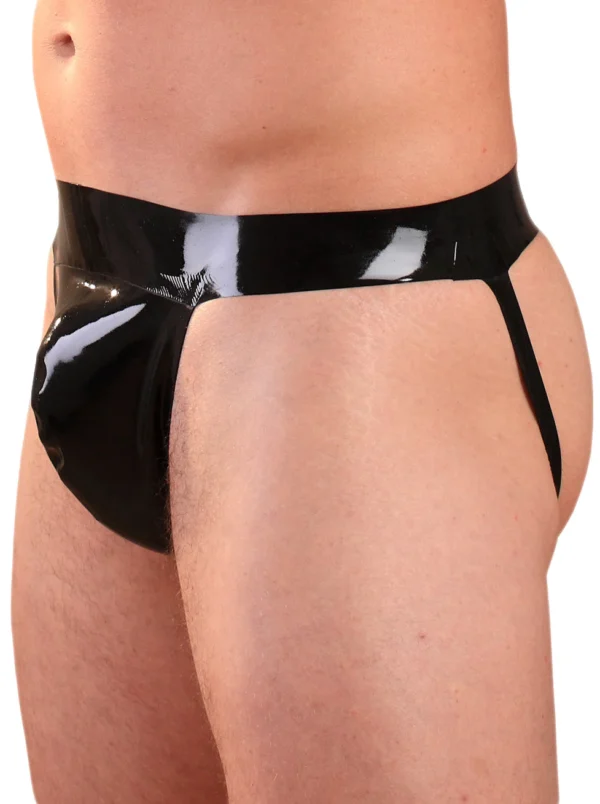 Bold Black Latex Jock Strap with Contoured Pouch and Open Back