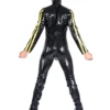 Black Latex Catsuit with Yellow Sleeve Stripes – Full-Body Fetish Suit for Men