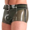 Military-Style Latex Shorts with Belt – Olive Green Front & Sheer Back