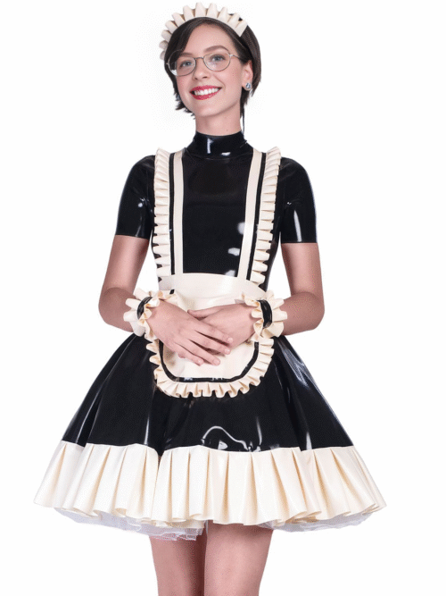 Elegant French Maid Latex Dress Set with Flared Skirt and Accessories