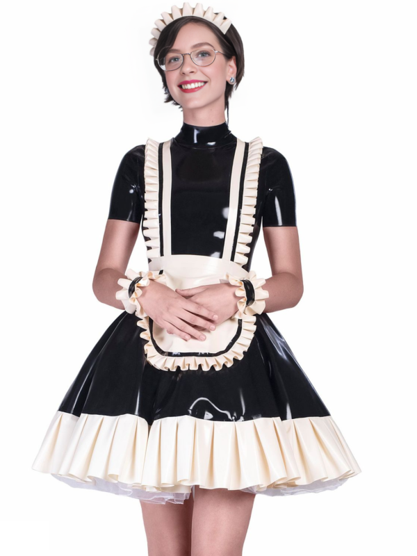 Elegant French Maid Latex Dress Set with Flared Skirt and Accessories