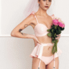 Latex Flowers Pink Lingerie Set with Frill Bra and Peplum Suspender Belt