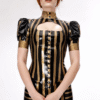 Striped Latex High-Neck Blouse with Cut-Out Front