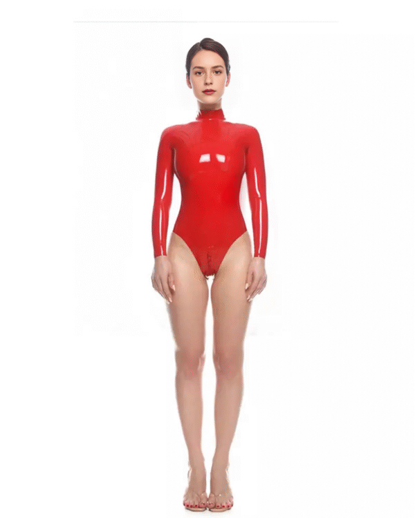 Red High-Neck Latex Bodysuit with Dual Zippers – Sleek Rave-Inspired Fit