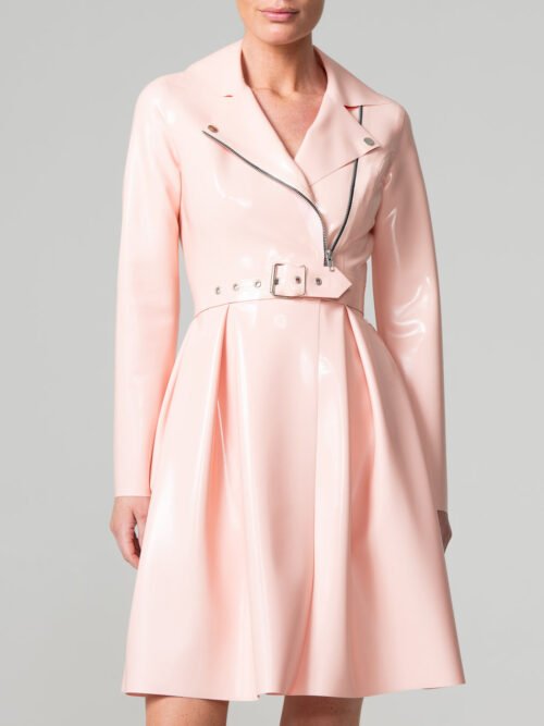 Elegant Pink Latex Pleated Trench Coat with Belt & Zip Detail