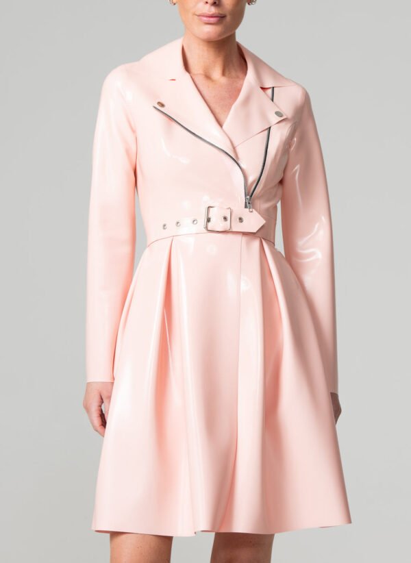 Elegant Pink Latex Pleated Trench Coat with Belt & Zip Detail