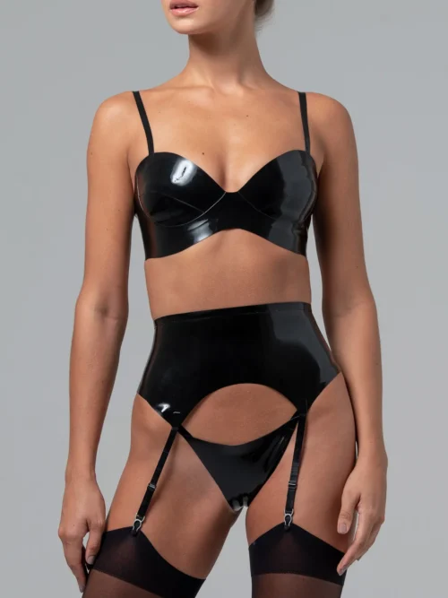 Kelly Latex Lingerie Set – Bra, Suspender Belt & Thong