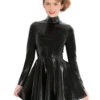 High-Neck Long Sleeve Black Latex Skater Dress