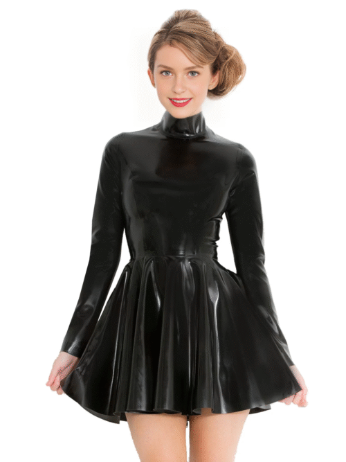 High-Neck Long Sleeve Black Latex Skater Dress
