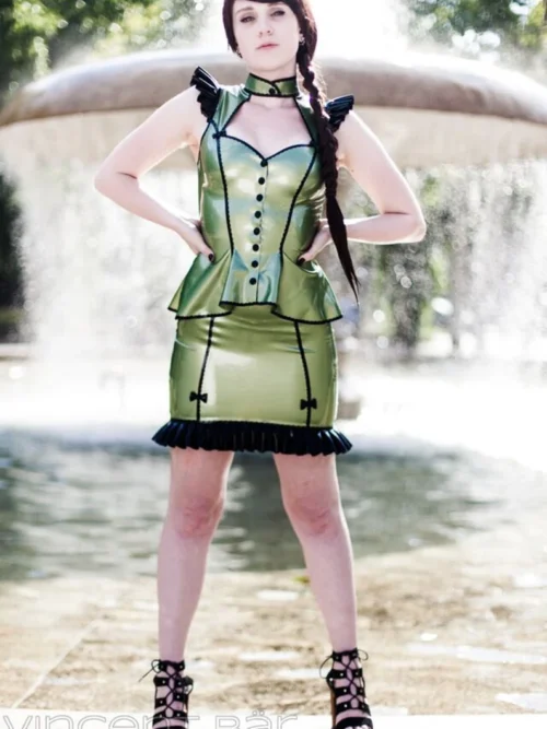 Bonbon Frilled Latex Skirt with Zigzag Trim and Front Bows – Pearlsheen Green & Black