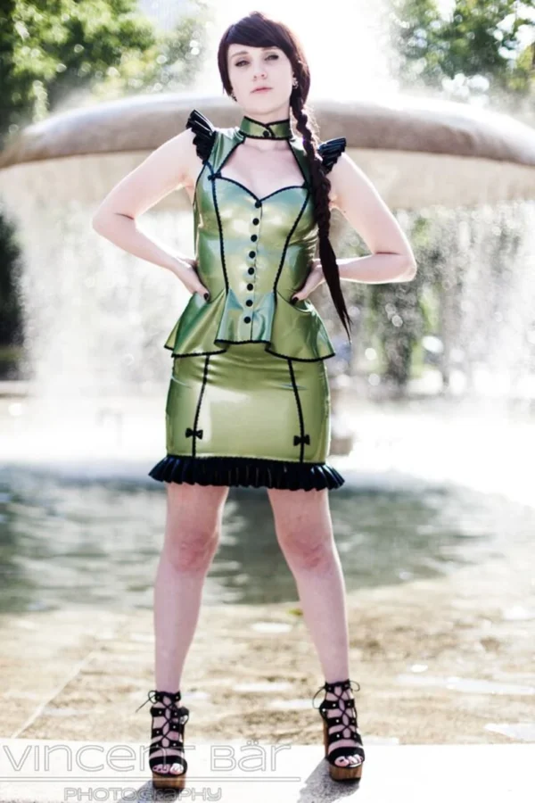 Bonbon Frilled Latex Skirt with Zigzag Trim and Front Bows – Pearlsheen Green & Black