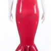 High-Waisted Red Latex Pencil Skirt with Flared Ruffle Hem