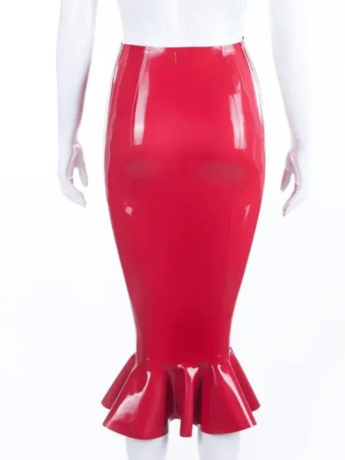 High-Waisted Red Latex Pencil Skirt with Flared Ruffle Hem