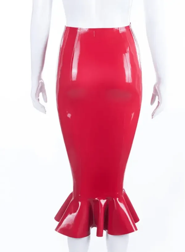 High-Waisted Red Latex Pencil Skirt with Flared Ruffle Hem