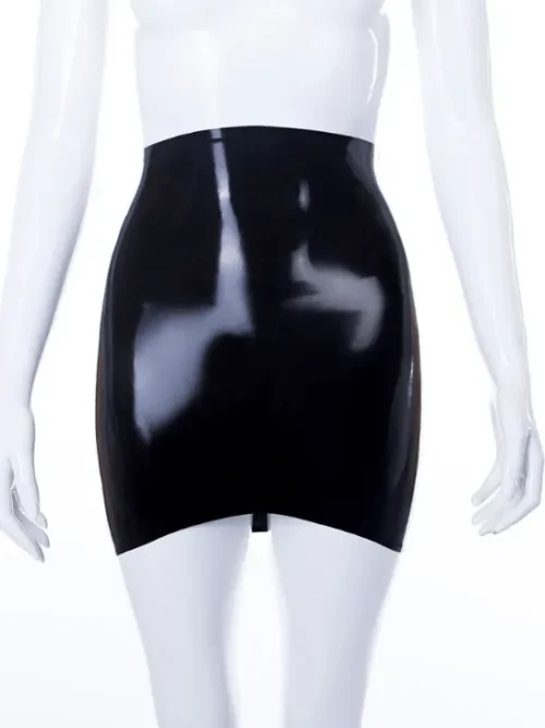 High-Waisted Black Latex Mini Skirt with Curved Hem – Sexy Pull-On Clubwear