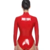 Red High-Neck Latex Bodysuit with Dual Zippers – Sleek Rave-Inspired Fit