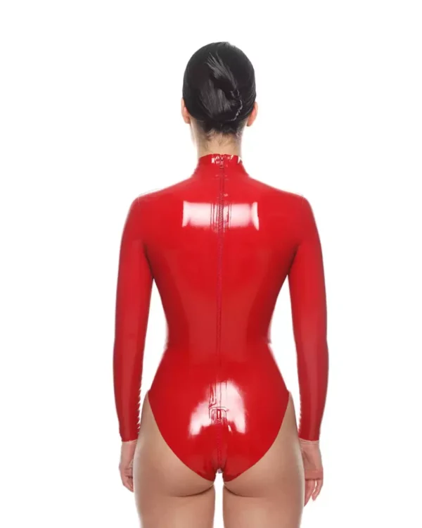 Red High-Neck Latex Bodysuit with Dual Zippers – Sleek Rave-Inspired Fit