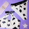 Cow Print Latex Keyhole Bikini Set with Collar and Cuffs