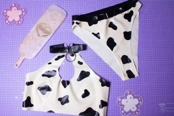 Cow Print Latex Keyhole Bikini Set with Collar and Cuffs