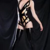 Cage Panel Deep V Latex Bodysuit in Black and Transparent Nude