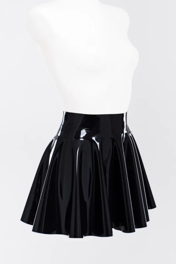 High-Shine Black Latex Flared Mini Skirt – No Zipper, Ultra-Stretchy Fit