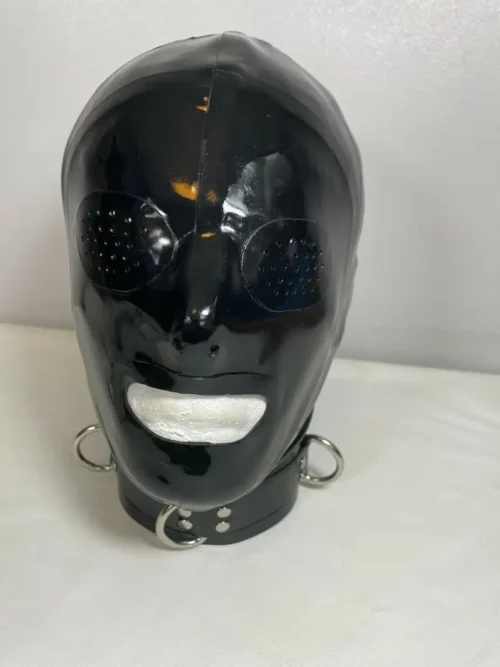 Latex Hood with Pinhole Eyes and Open Mouth – Back Zip & D-Ring Collar