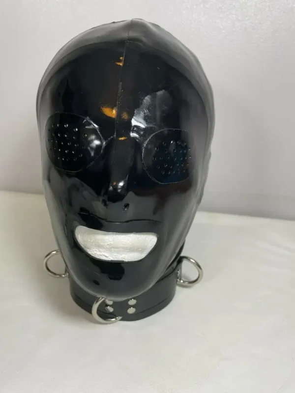 Latex Hood with Pinhole Eyes and Open Mouth – Back Zip & D-Ring Collar