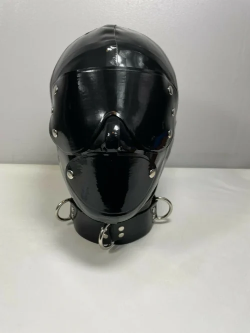 Heavy-Duty Latex Gimp Hood with Detachable Blindfold, Collar and D-Rings – 0.80mm Rubber Mask with Back Zipper