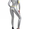 Silver High-Neck Latex Catsuit with Epaulettes and Yellow Trim – Full-Body Zipper Design