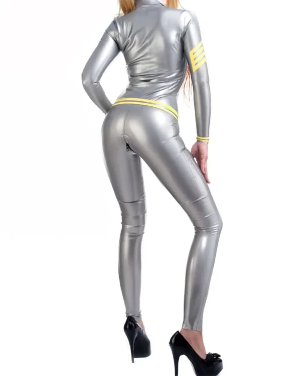 Silver High-Neck Latex Catsuit with Epaulettes and Yellow Trim – Full-Body Zipper Design