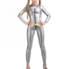 Silver High-Neck Latex Catsuit with Epaulettes and Yellow Trim – Full-Body Zipper Design