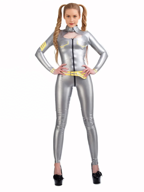 Silver High-Neck Latex Catsuit with Epaulettes and Yellow Trim – Full-Body Zipper Design