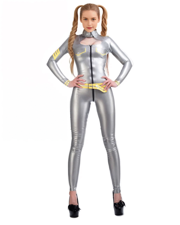 Silver High-Neck Latex Catsuit with Epaulettes and Yellow Trim – Full-Body Zipper Design