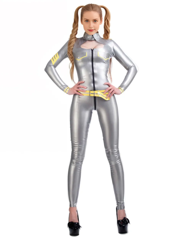 Silver High-Neck Latex Catsuit with Epaulettes and Yellow Trim – Full-Body Zipper Design