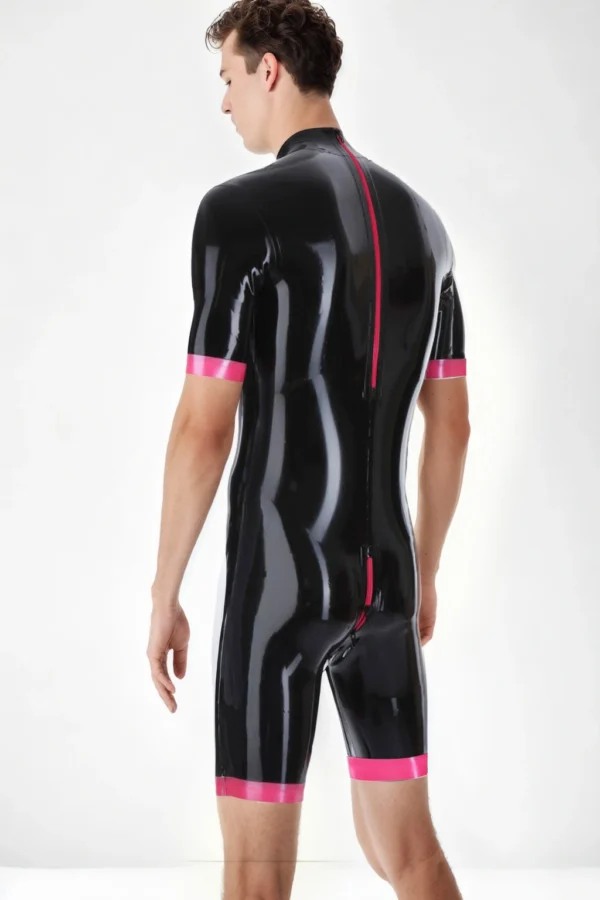 Men’s Latex Short Catsuit with 4-Way Crotch to Back Zipper and Hot Pink Trim