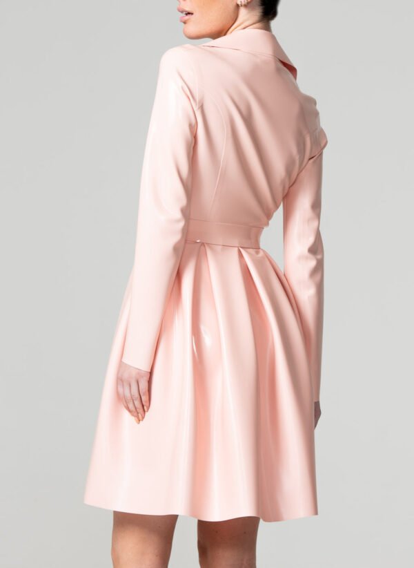 Elegant Pink Latex Pleated Trench Coat with Belt & Zip Detail