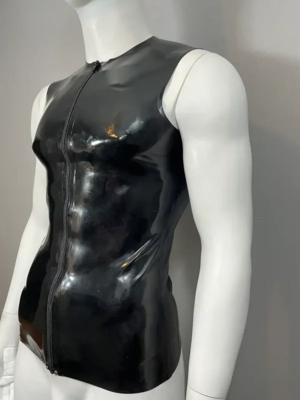Latex Sleeveless Front-Zip T-Shirt – Glossy Black Crew Neck Design