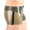 Military-Style Latex Shorts with Belt – Olive Green Front & Sheer Back
